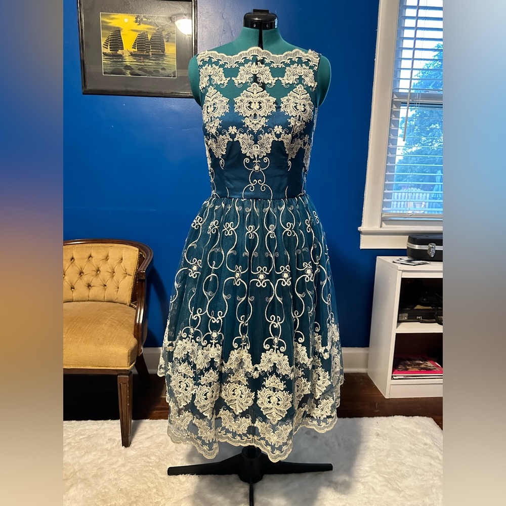 Chi Chi London Teal and Cream Lace Dress